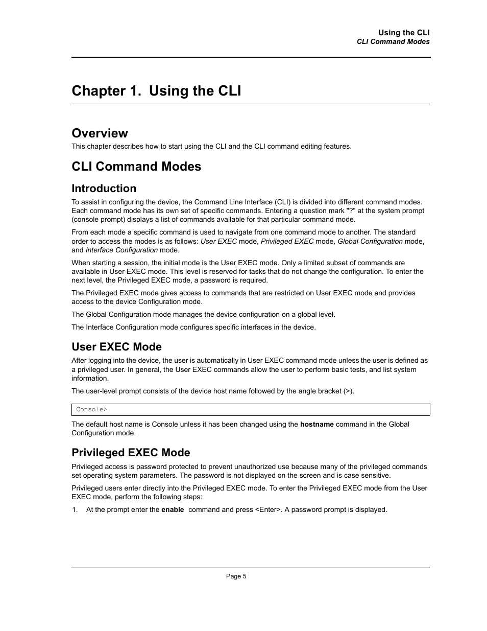 Chapter 1. using the cli, Overview, Cli command modes | Introduction, User exec mode, Privileged exec mode, Chapter 1.using the cli, Introduction user exec mode privileged exec mode, Chapter 1. "using the cli | Allied Telesis AT-S95 CLI User Manual | Page 17 / 348