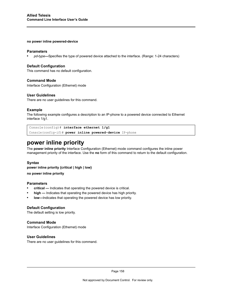 Power inline priority | Allied Telesis AT-S95 CLI User Manual | Page 170 / 348