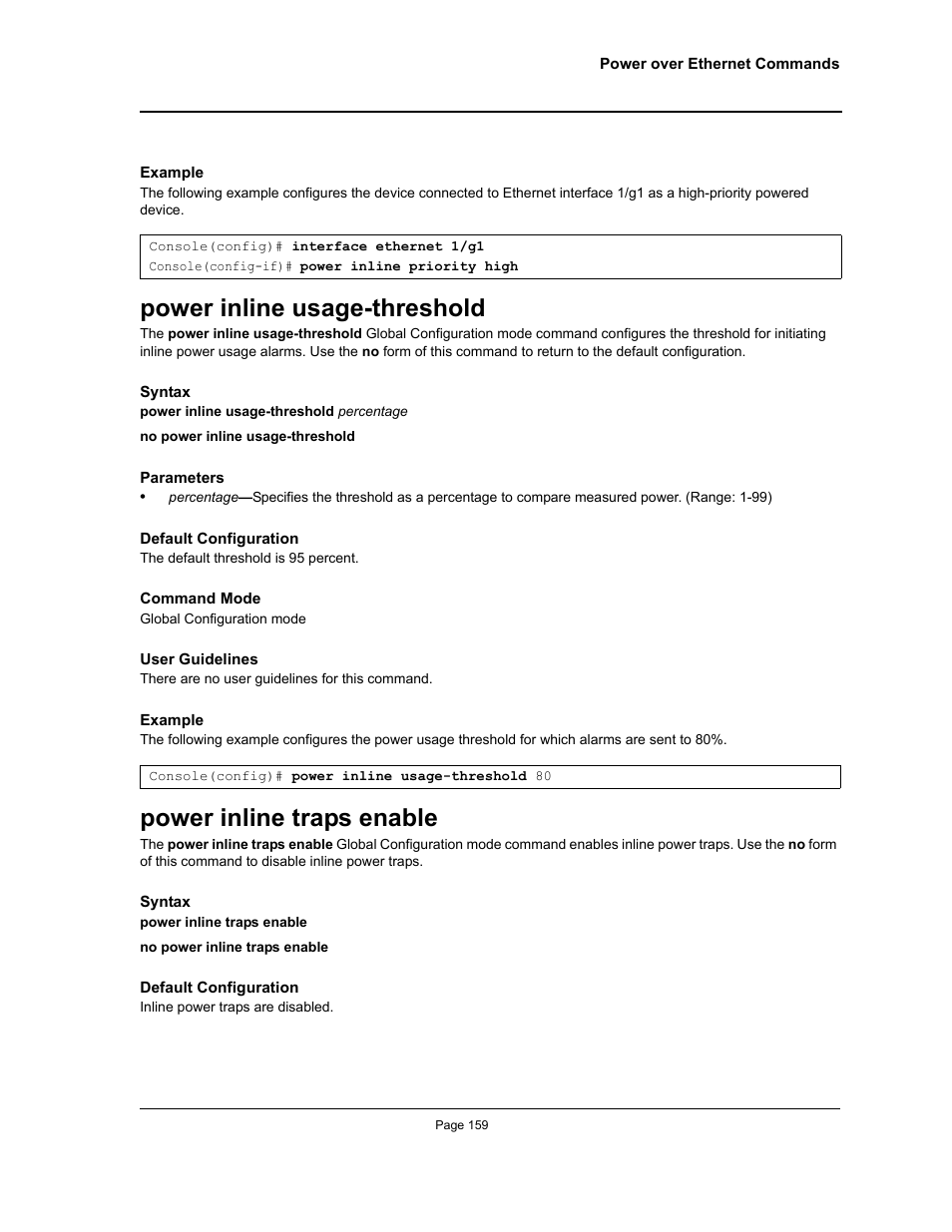 Power inline usage-threshold, Power inline traps enable | Allied Telesis AT-S95 CLI User Manual | Page 171 / 348