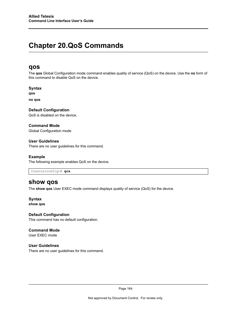 Chapter 20. qos commands, Show qos, Chapter 20.qos commands | Qos show qos, Chapter 20. "qos commands | Allied Telesis AT-S95 CLI User Manual | Page 176 / 348