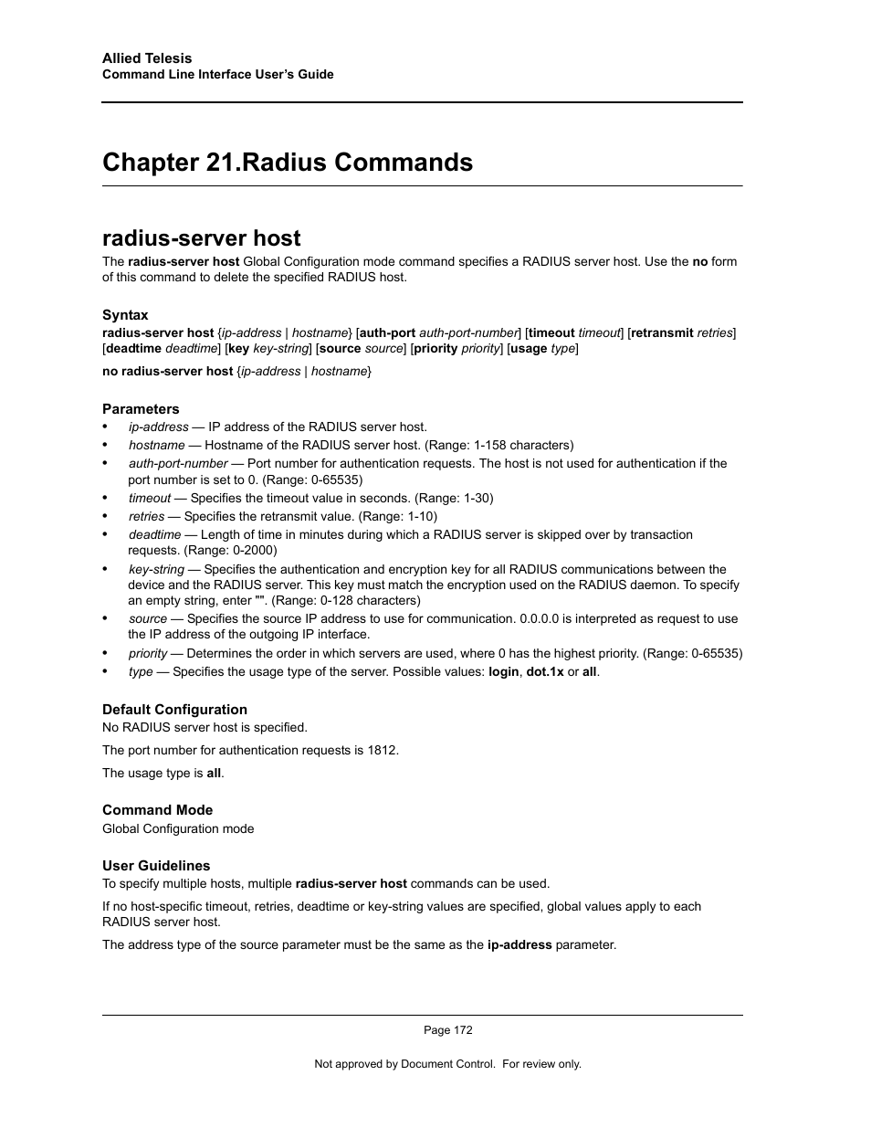 Chapter 21. radius commands, Radius-server host, Chapter 21.radius commands | Chapter 21. "radius commands | Allied Telesis AT-S95 CLI User Manual | Page 184 / 348