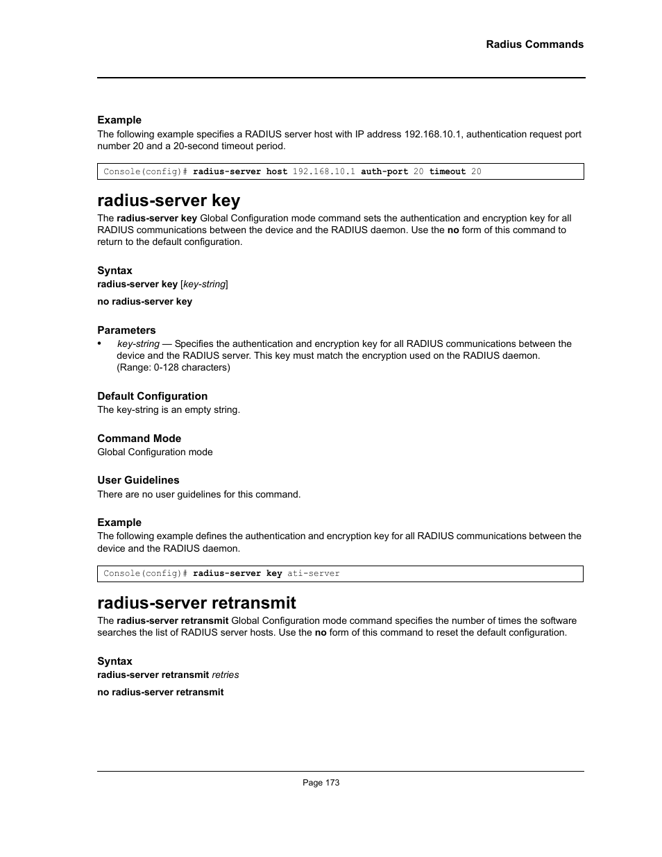 Radius-server key, Radius-server retransmit, Radius-server key radius-server retransmit | Allied Telesis AT-S95 CLI User Manual | Page 185 / 348