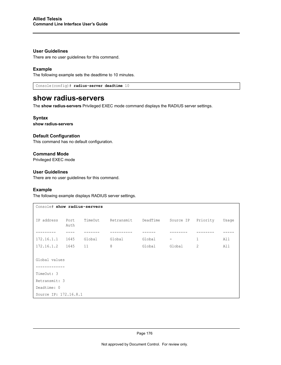 Show radius-servers | Allied Telesis AT-S95 CLI User Manual | Page 188 / 348