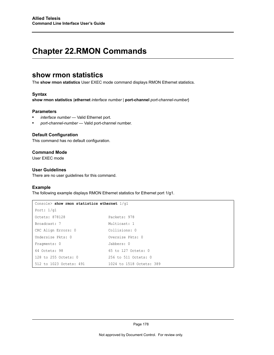 Chapter 22. rmon commands, Show rmon statistics, Chapter 22.rmon commands | Chapter 22. "rmon commands | Allied Telesis AT-S95 CLI User Manual | Page 190 / 348