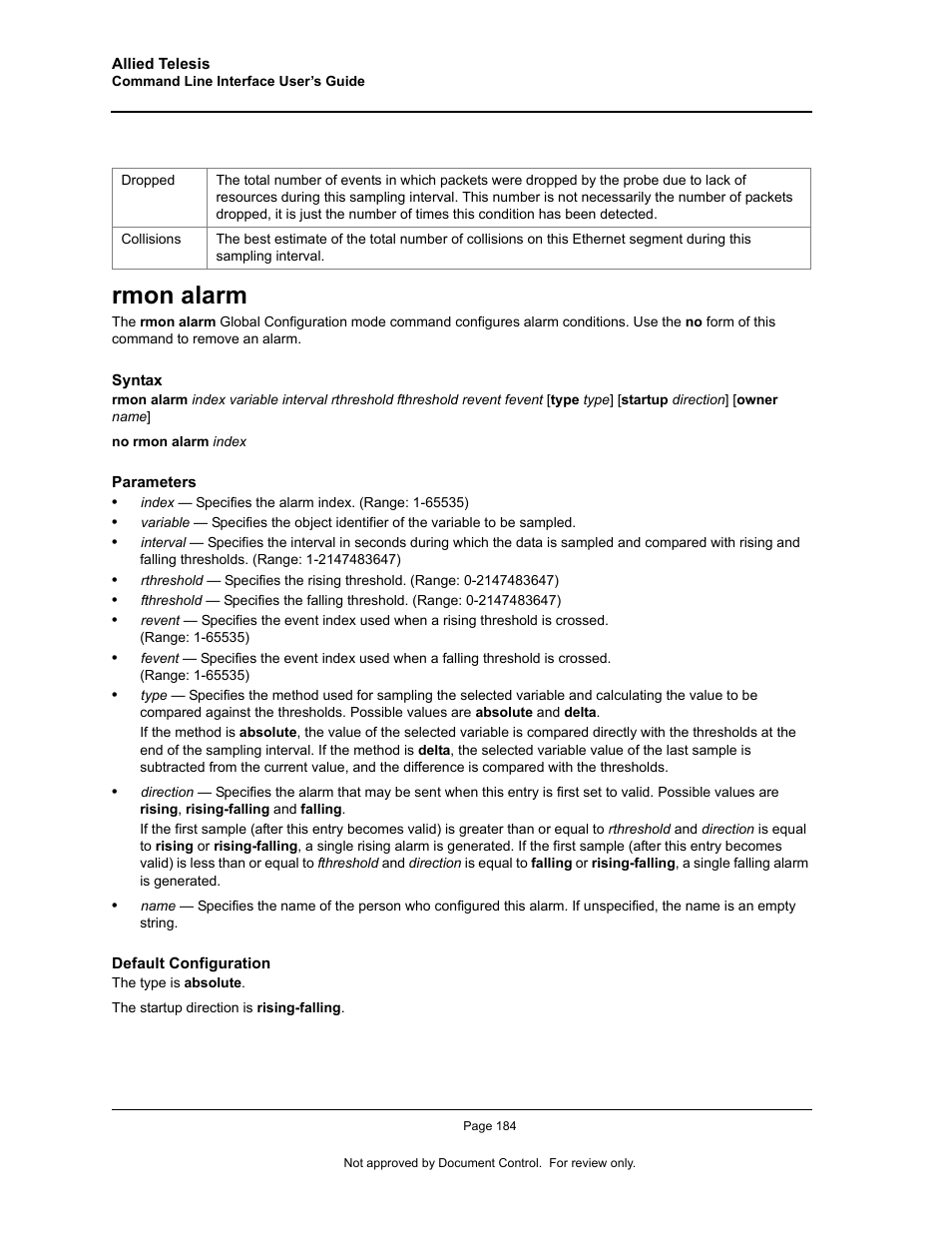 Rmon alarm | Allied Telesis AT-S95 CLI User Manual | Page 196 / 348