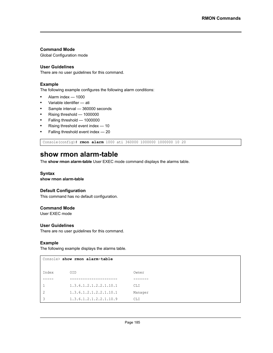 Show rmon alarm-table | Allied Telesis AT-S95 CLI User Manual | Page 197 / 348