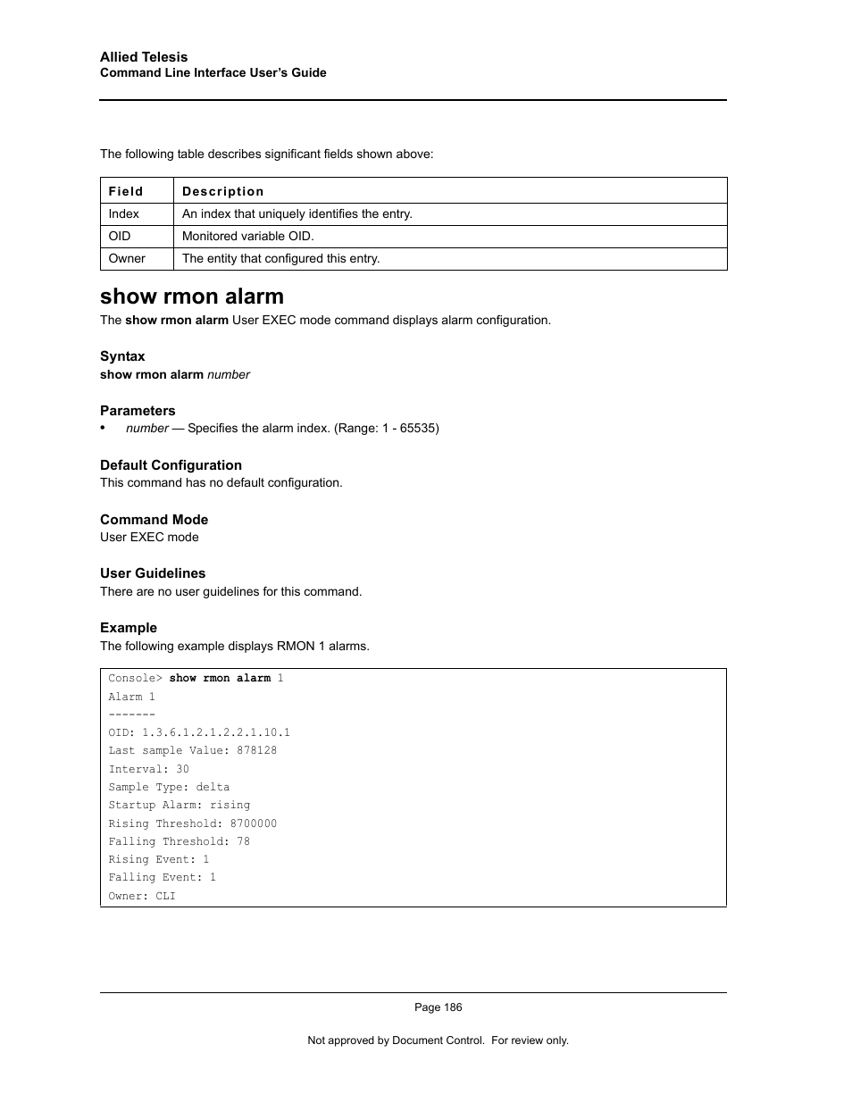 Show rmon alarm | Allied Telesis AT-S95 CLI User Manual | Page 198 / 348