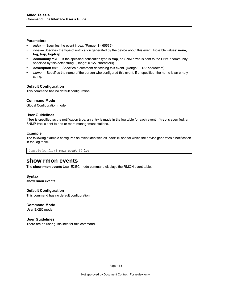 Show rmon events | Allied Telesis AT-S95 CLI User Manual | Page 200 / 348