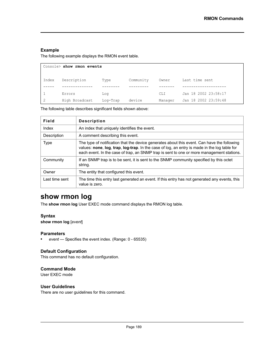 Show rmon log | Allied Telesis AT-S95 CLI User Manual | Page 201 / 348