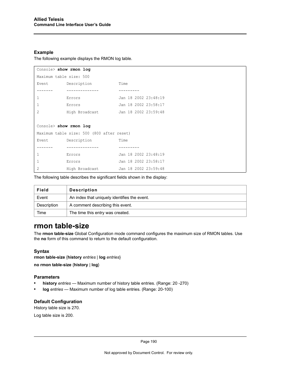 Rmon table-size | Allied Telesis AT-S95 CLI User Manual | Page 202 / 348