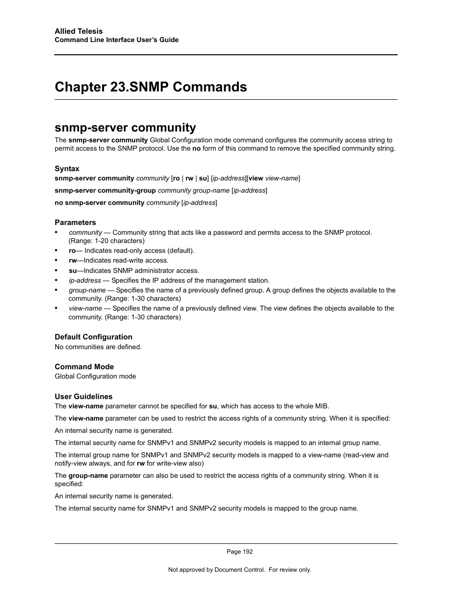 Chapter 23. snmp commands, Snmp-server community, Chapter 23.snmp commands | Chapter 23. "snmp commands | Allied Telesis AT-S95 CLI User Manual | Page 204 / 348