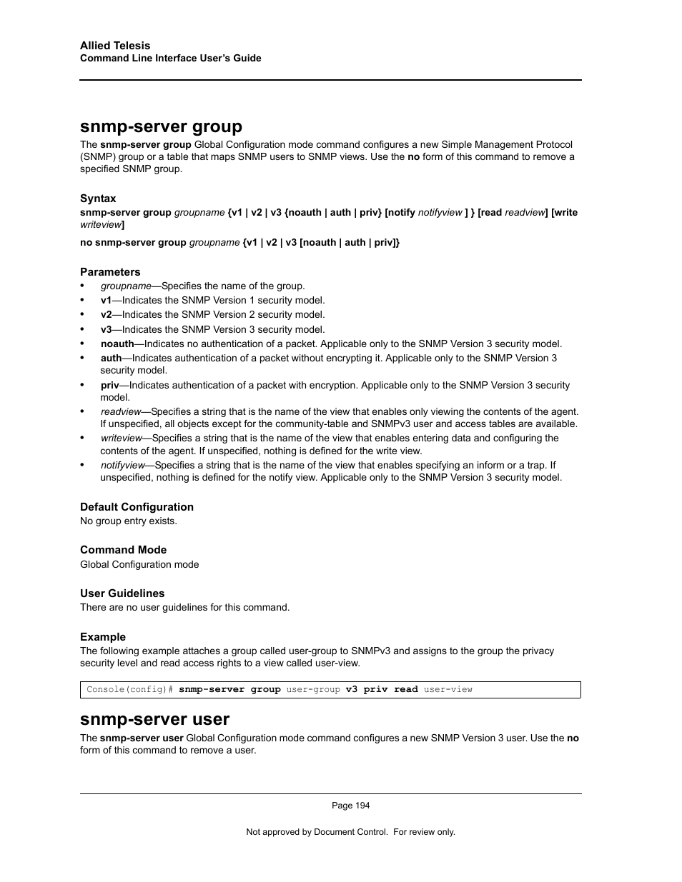 Snmp-server group, Snmp-server user, Snmp-server group snmp-server user | Allied Telesis AT-S95 CLI User Manual | Page 206 / 348