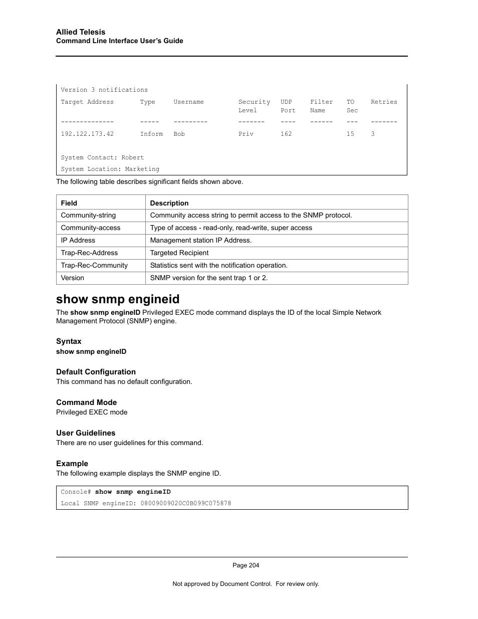 Show snmp engineid | Allied Telesis AT-S95 CLI User Manual | Page 216 / 348