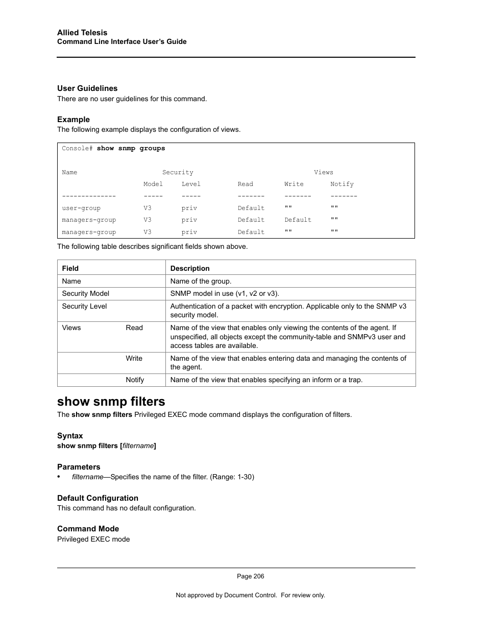 Show snmp filters | Allied Telesis AT-S95 CLI User Manual | Page 218 / 348