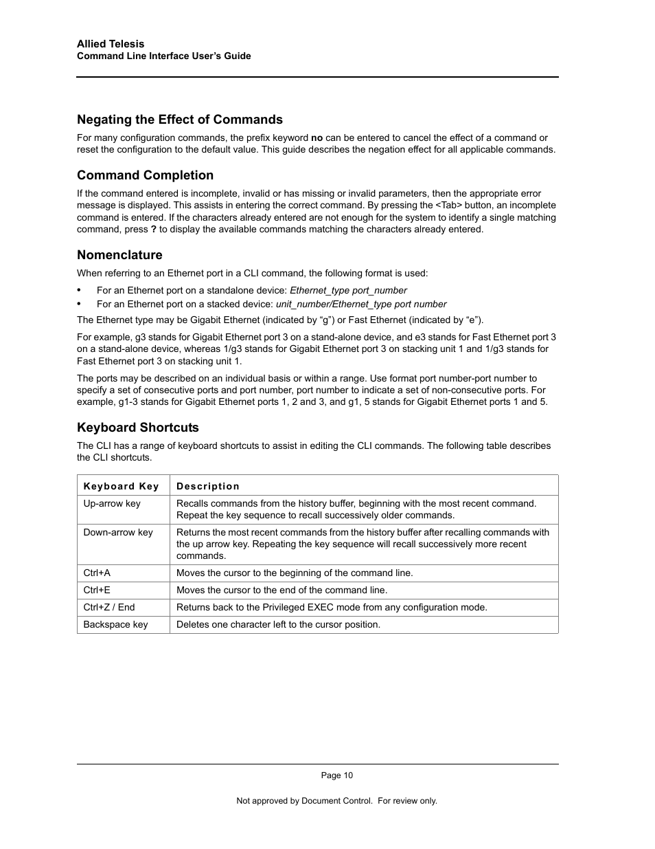 Negating the effect of commands, Command completion, Nomenclature | Keyboard shortcuts | Allied Telesis AT-S95 CLI User Manual | Page 22 / 348