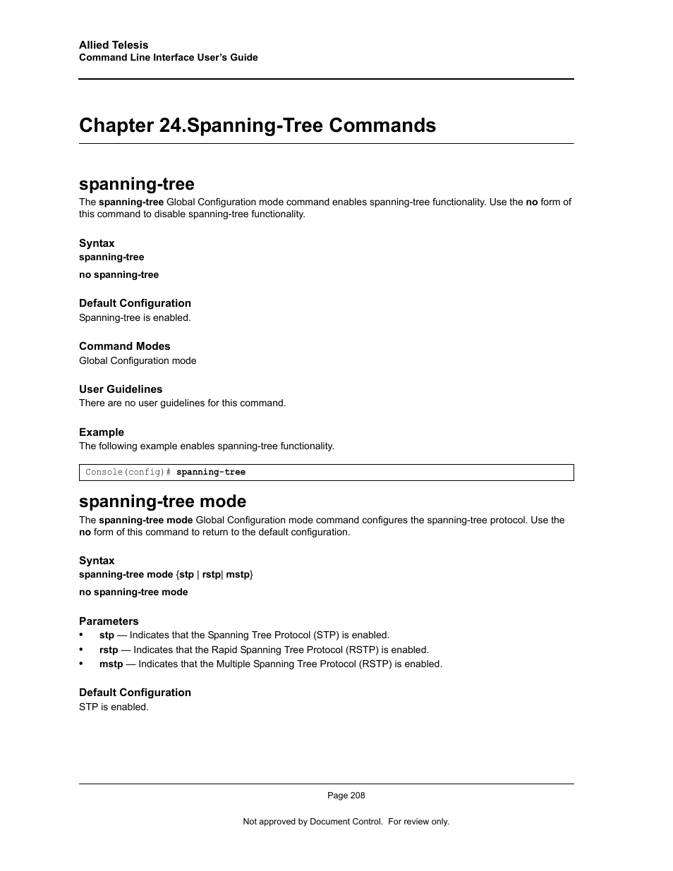 Chapter 24. spanning-tree commands, Spanning-tree, Spanning-tree mode | Chapter 24.spanning-tree commands, Spanning-tree spanning-tree mode, Chapter 24. "spanning-tree commands | Allied Telesis AT-S95 CLI User Manual | Page 220 / 348