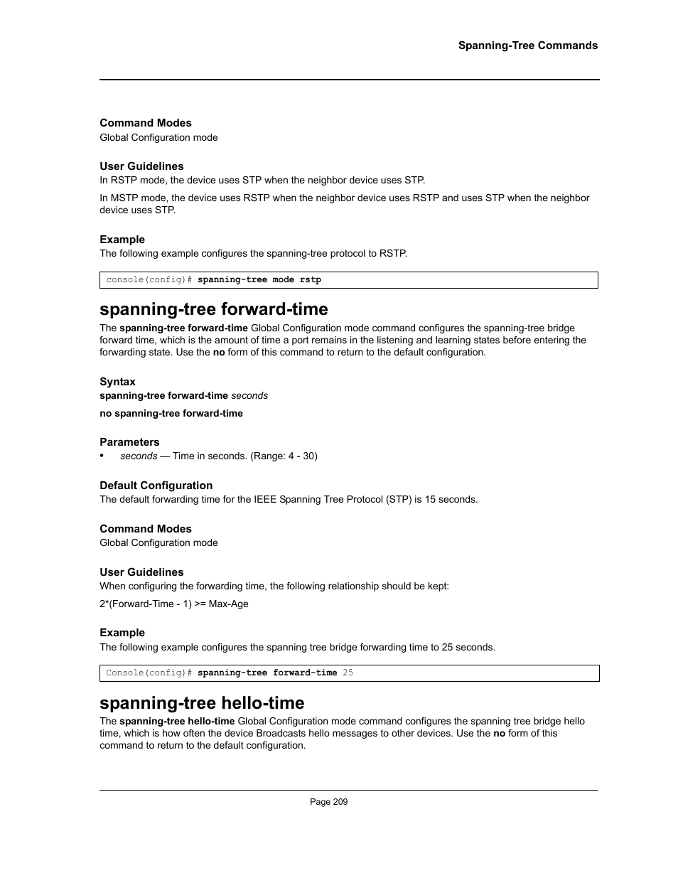 Spanning-tree forward-time, Spanning-tree hello-time | Allied Telesis AT-S95 CLI User Manual | Page 221 / 348
