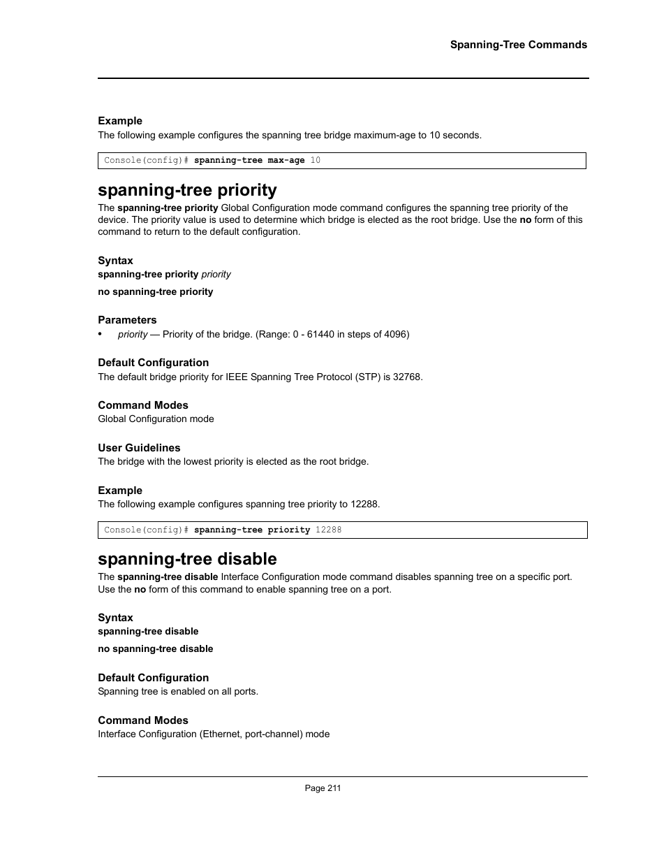 Spanning-tree priority, Spanning-tree disable, Spanning-tree priority spanning-tree disable | Allied Telesis AT-S95 CLI User Manual | Page 223 / 348