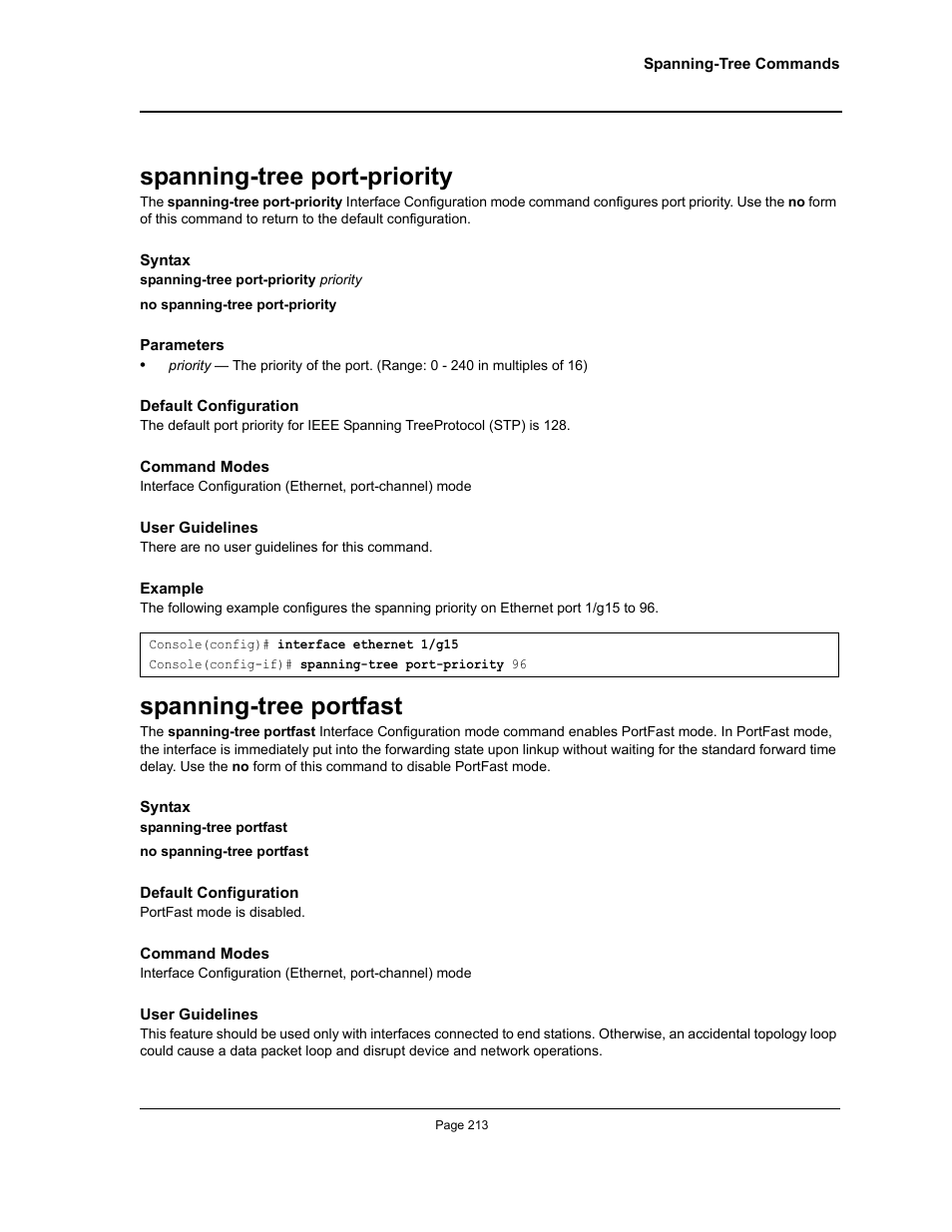 Spanning-tree port-priority, Spanning-tree portfast, Spanning-tree port-priority spanning-tree portfast | Allied Telesis AT-S95 CLI User Manual | Page 225 / 348