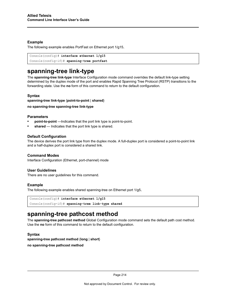 Spanning-tree link-type, Spanning-tree pathcost method | Allied Telesis AT-S95 CLI User Manual | Page 226 / 348
