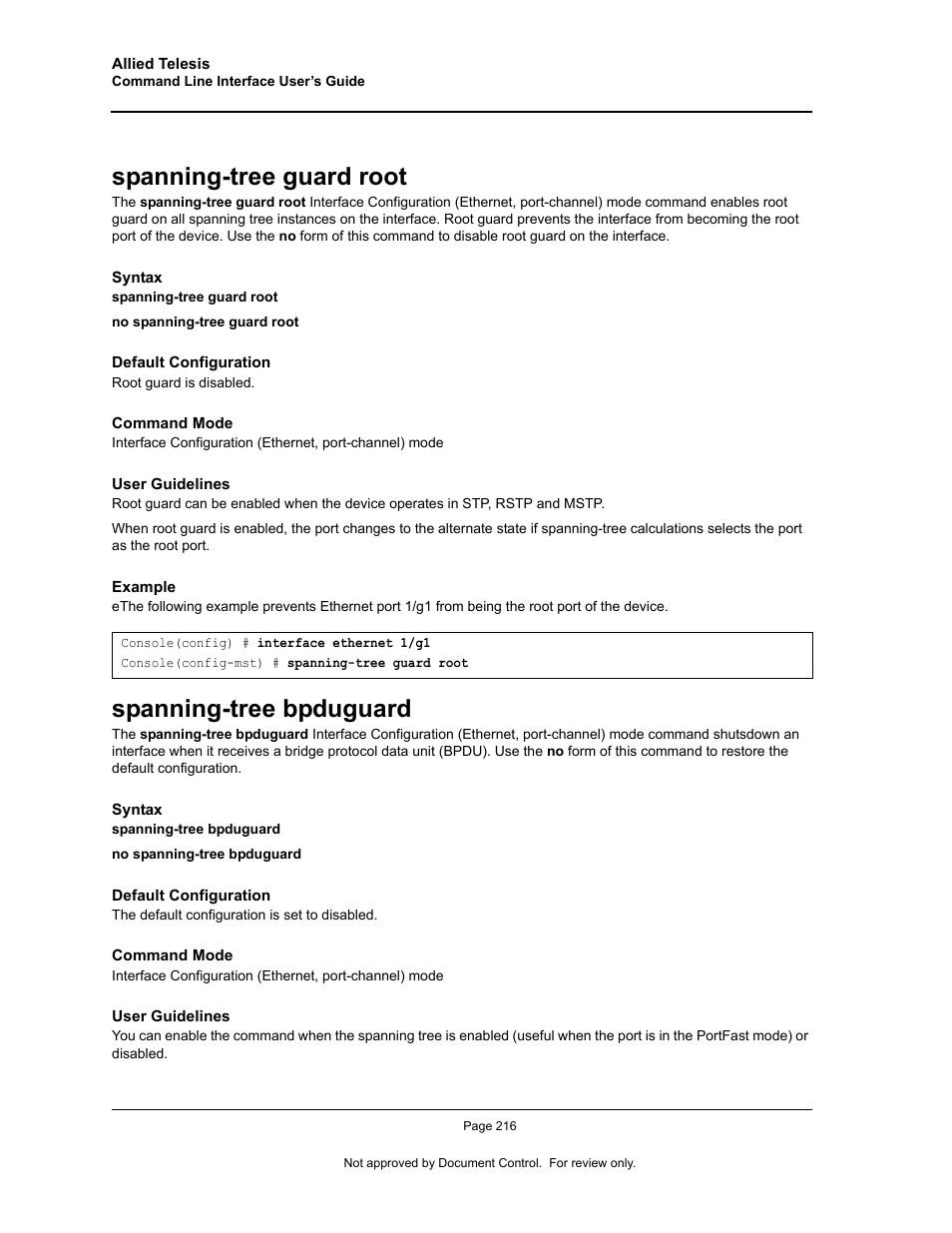 Spanning-tree guard root, Spanning-tree bpduguard, Spanning-tree guard root spanning-tree bpduguard | Allied Telesis AT-S95 CLI User Manual | Page 228 / 348