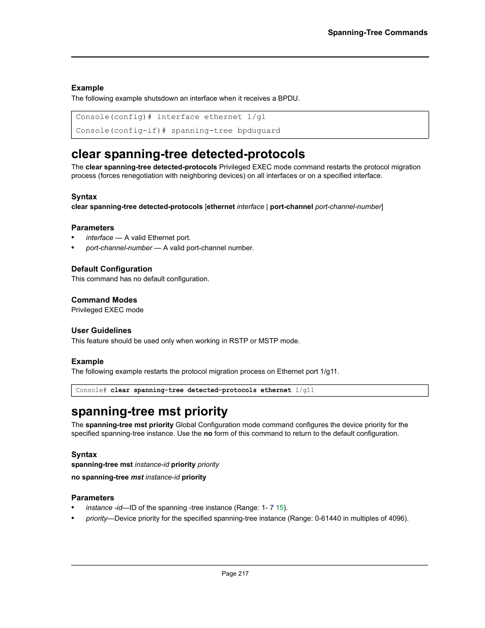 Clear spanning-tree detected-protocols, Spanning-tree mst priority | Allied Telesis AT-S95 CLI User Manual | Page 229 / 348