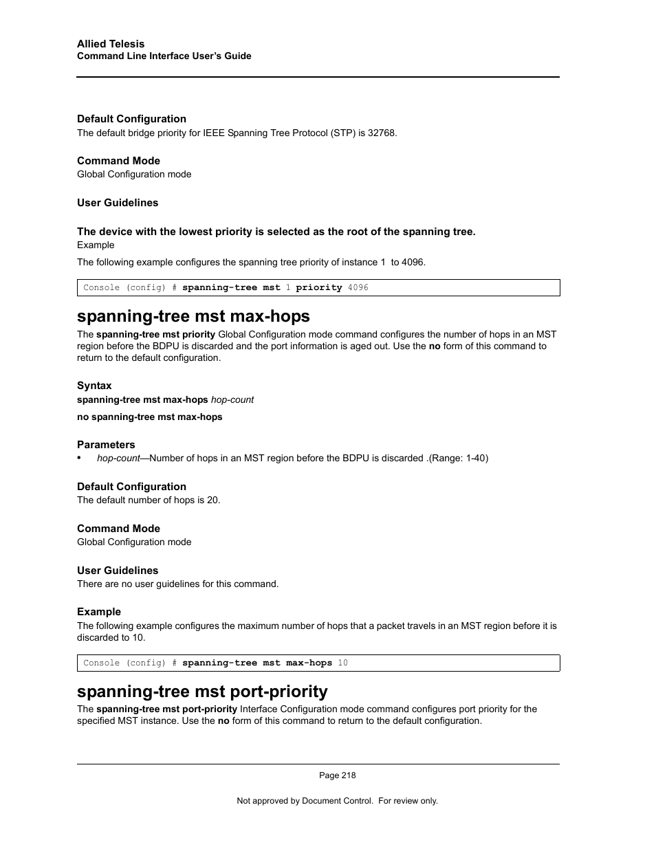 Spanning-tree mst max-hops, Spanning-tree mst port-priority | Allied Telesis AT-S95 CLI User Manual | Page 230 / 348
