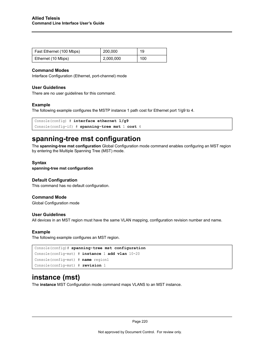 Spanning-tree mst configuration, Instance (mst), Spanning-tree mst configuration instance (mst) | Allied Telesis AT-S95 CLI User Manual | Page 232 / 348