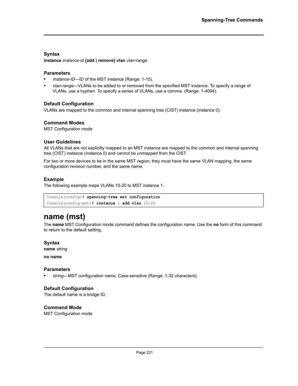 Name (mst) | Allied Telesis AT-S95 CLI User Manual | Page 233 / 348