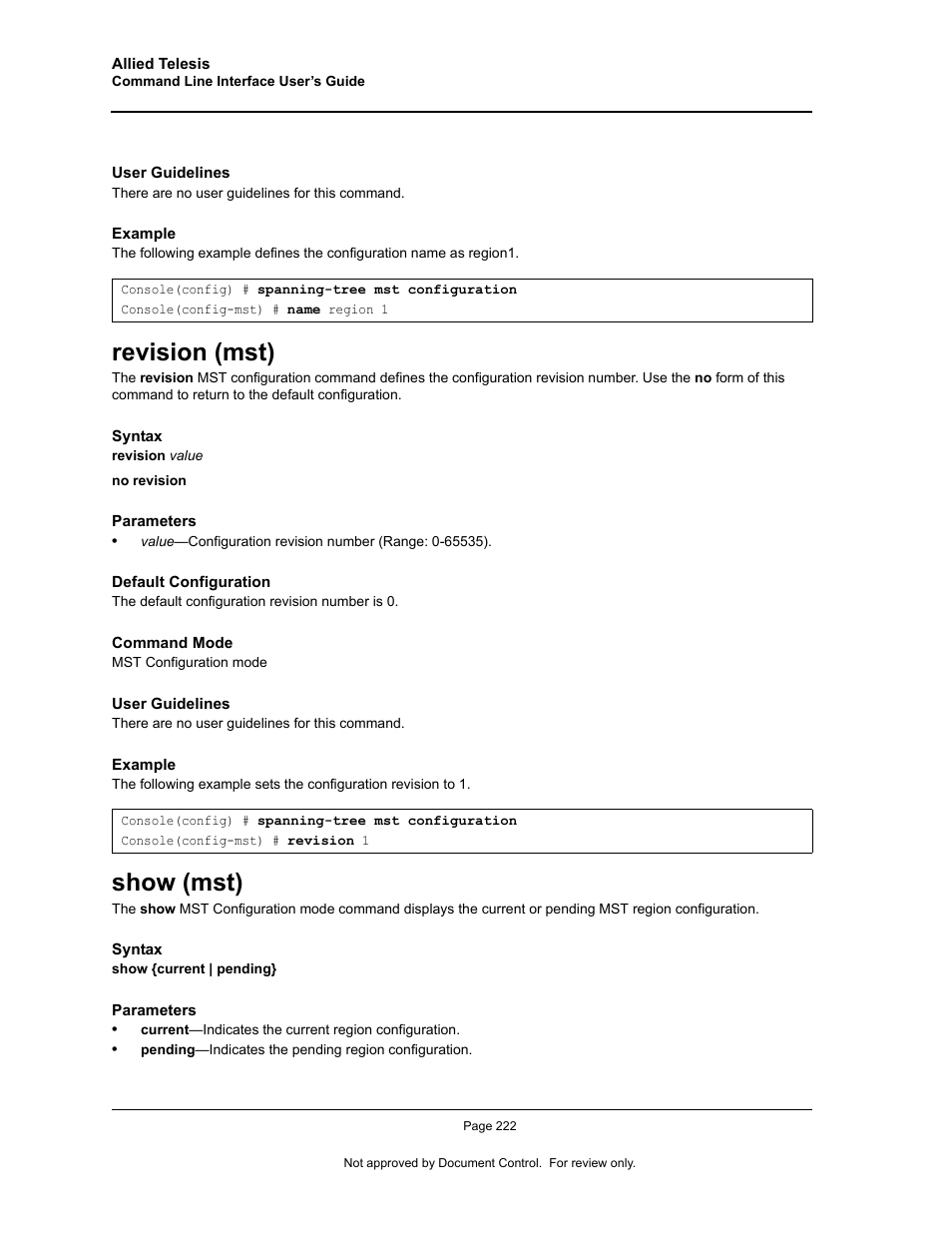Revision (mst), Show (mst), Revision (mst) show (mst) | Allied Telesis AT-S95 CLI User Manual | Page 234 / 348