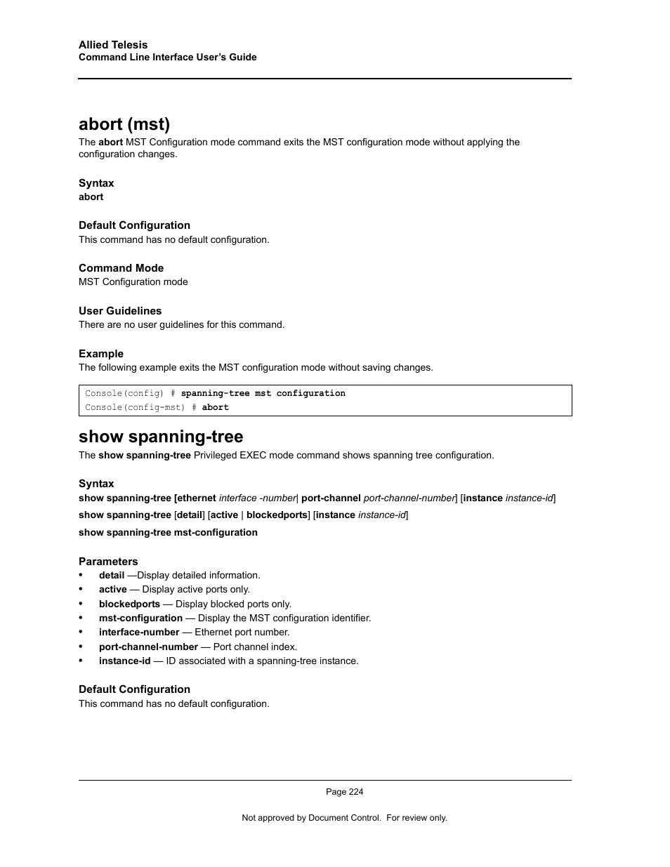 Abort (mst), Show spanning-tree, Abort (mst) show spanning-tree | Allied Telesis AT-S95 CLI User Manual | Page 236 / 348