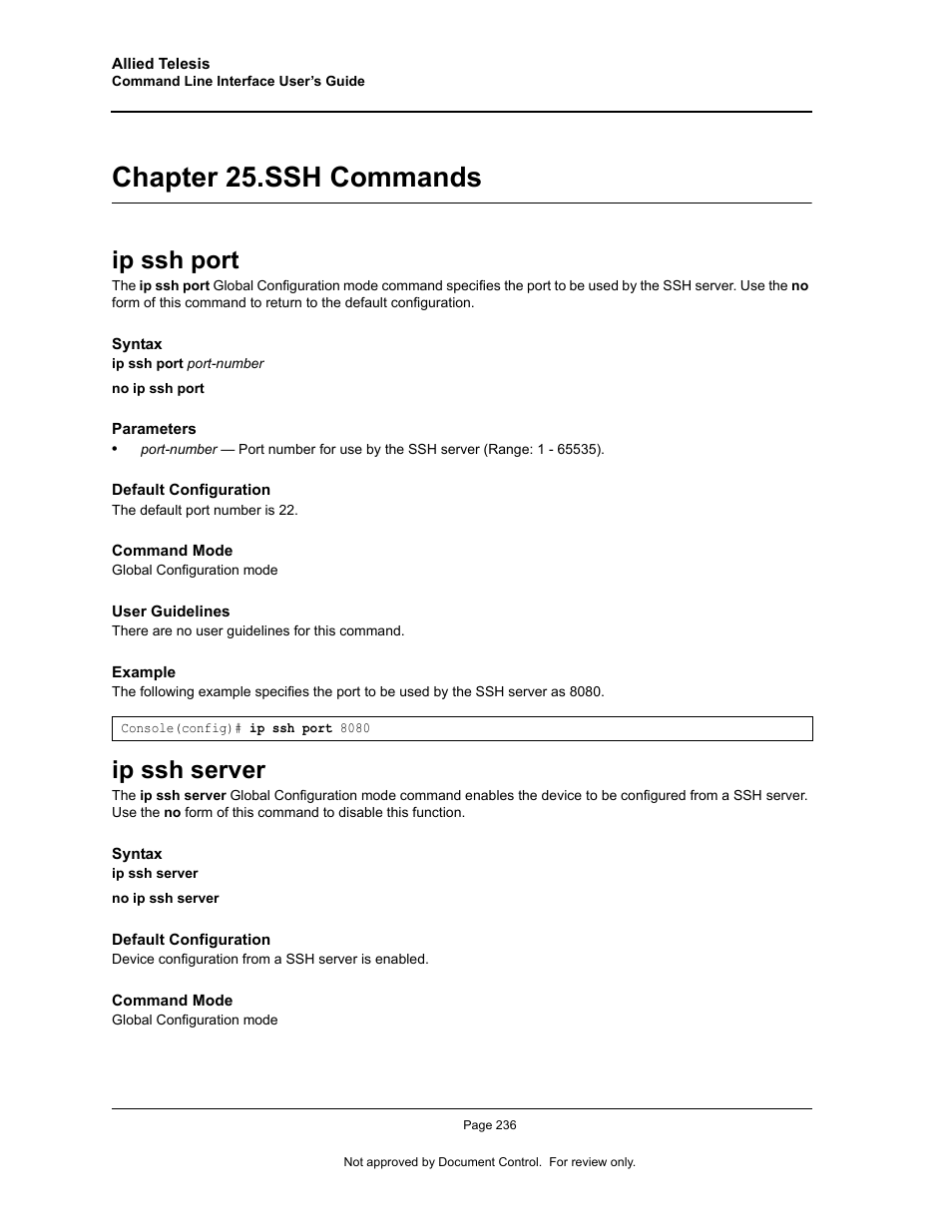 Chapter 25. ssh commands, Ip ssh port, Ip ssh server | Chapter 25.ssh commands, Chapter 25. "ssh commands | Allied Telesis AT-S95 CLI User Manual | Page 248 / 348