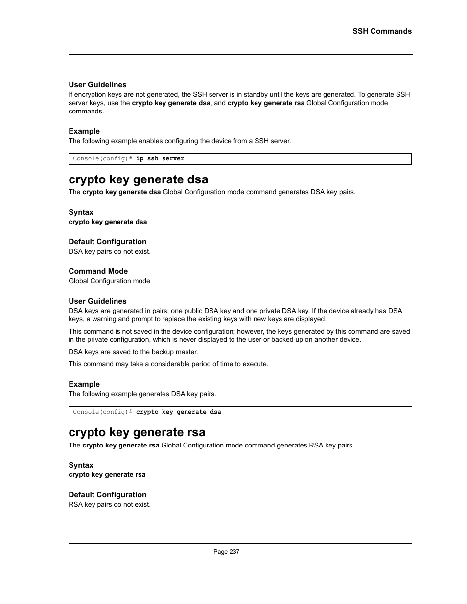 Crypto key generate dsa, Crypto key generate rsa, Crypto key generate dsa crypto key generate rsa | Allied Telesis AT-S95 CLI User Manual | Page 249 / 348