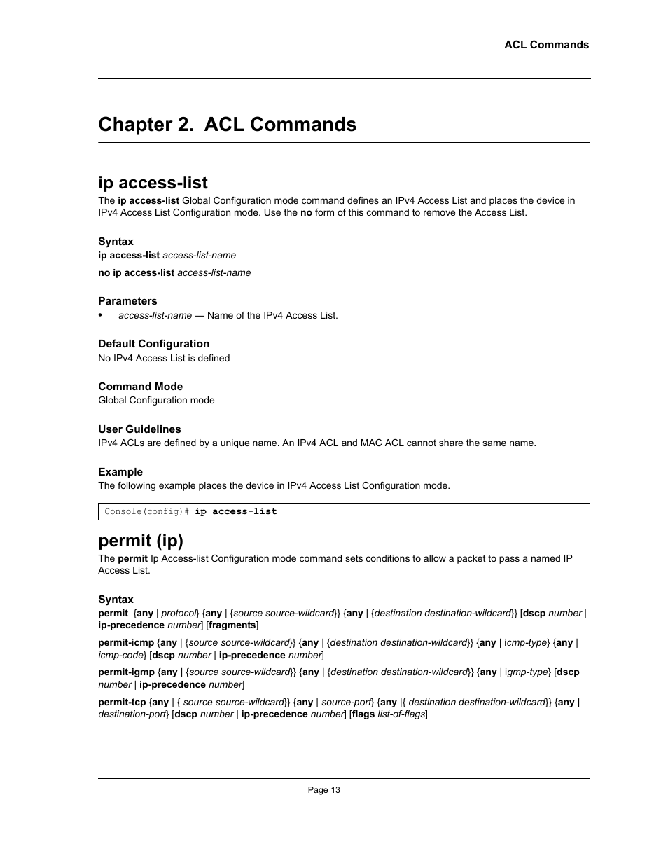 Chapter 2. acl commands, Ip access-list, Permit (ip) | Chapter 2.acl commands, Ip access-list permit (ip), Chapter 2. "acl commands" — define | Allied Telesis AT-S95 CLI User Manual | Page 25 / 348
