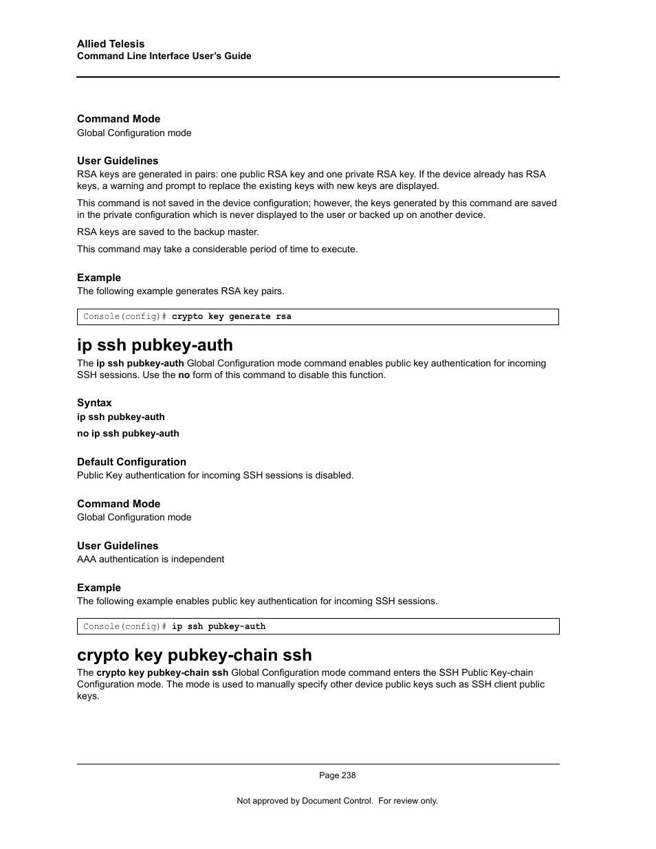 Ip ssh pubkey-auth, Crypto key pubkey-chain ssh, Ip ssh pubkey-auth crypto key pubkey-chain ssh | Allied Telesis AT-S95 CLI User Manual | Page 250 / 348