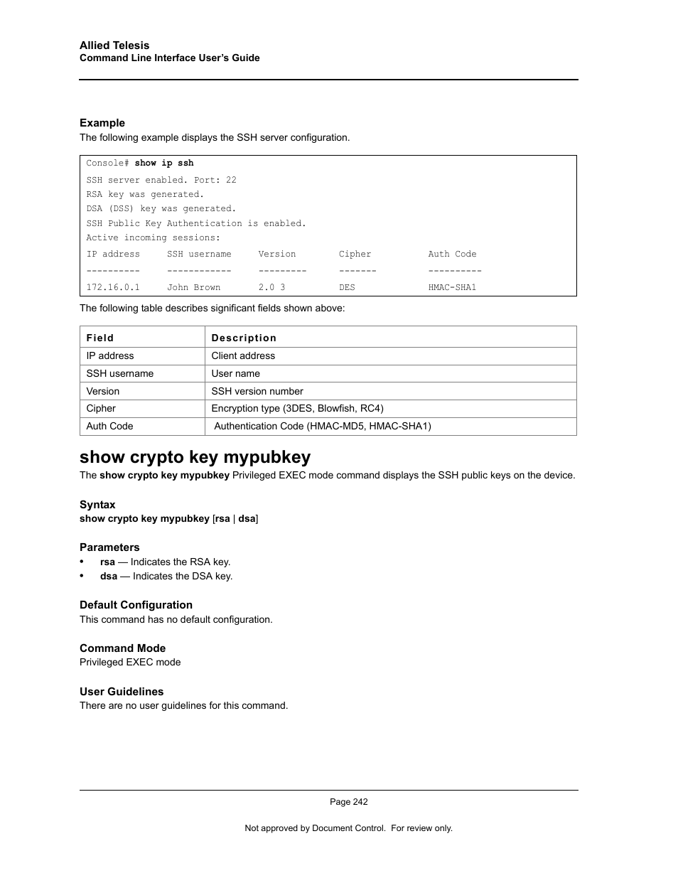 Show crypto key mypubkey | Allied Telesis AT-S95 CLI User Manual | Page 254 / 348