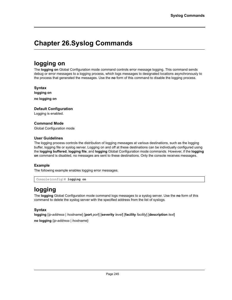 Chapter 26. syslog commands, Logging on, Logging | Chapter 26.syslog commands, Logging on logging, Chapter 26. "syslog commands | Allied Telesis AT-S95 CLI User Manual | Page 257 / 348