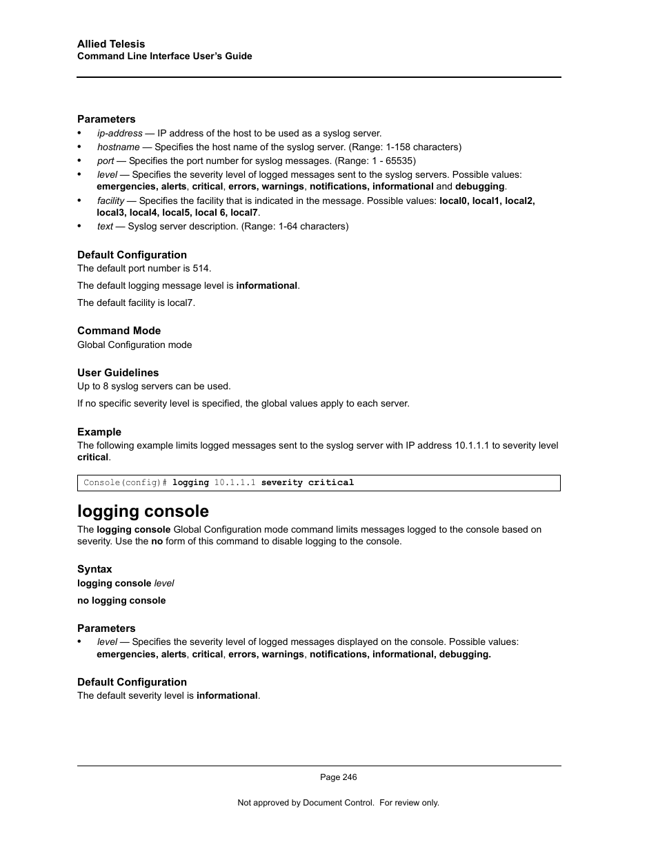 Logging console | Allied Telesis AT-S95 CLI User Manual | Page 258 / 348
