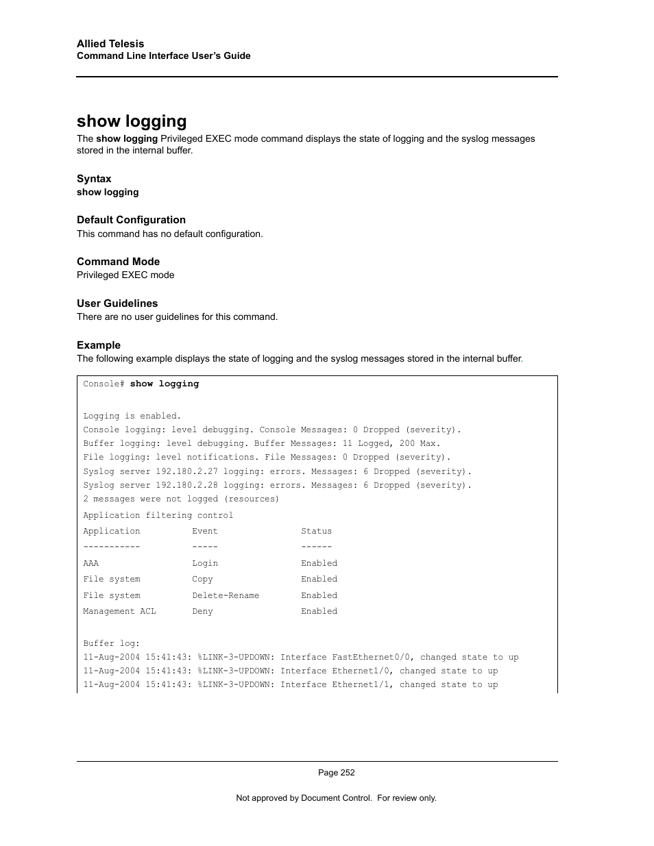 Show logging | Allied Telesis AT-S95 CLI User Manual | Page 264 / 348
