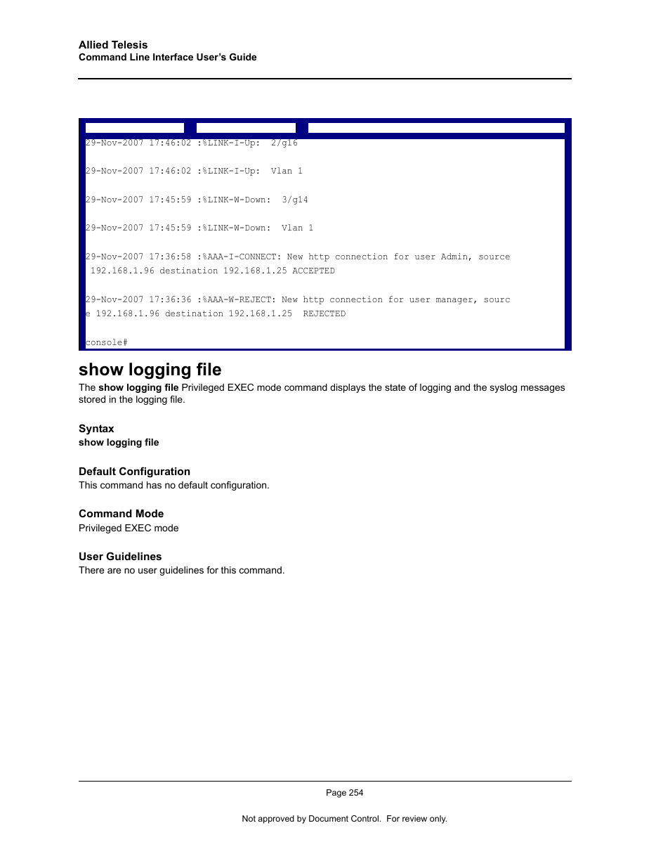 Show logging file | Allied Telesis AT-S95 CLI User Manual | Page 266 / 348