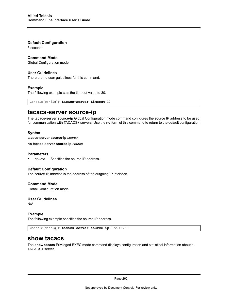 Tacacs-server source-ip, Show tacacs, Tacacs-server source-ip show tacacs | Allied Telesis AT-S95 CLI User Manual | Page 272 / 348
