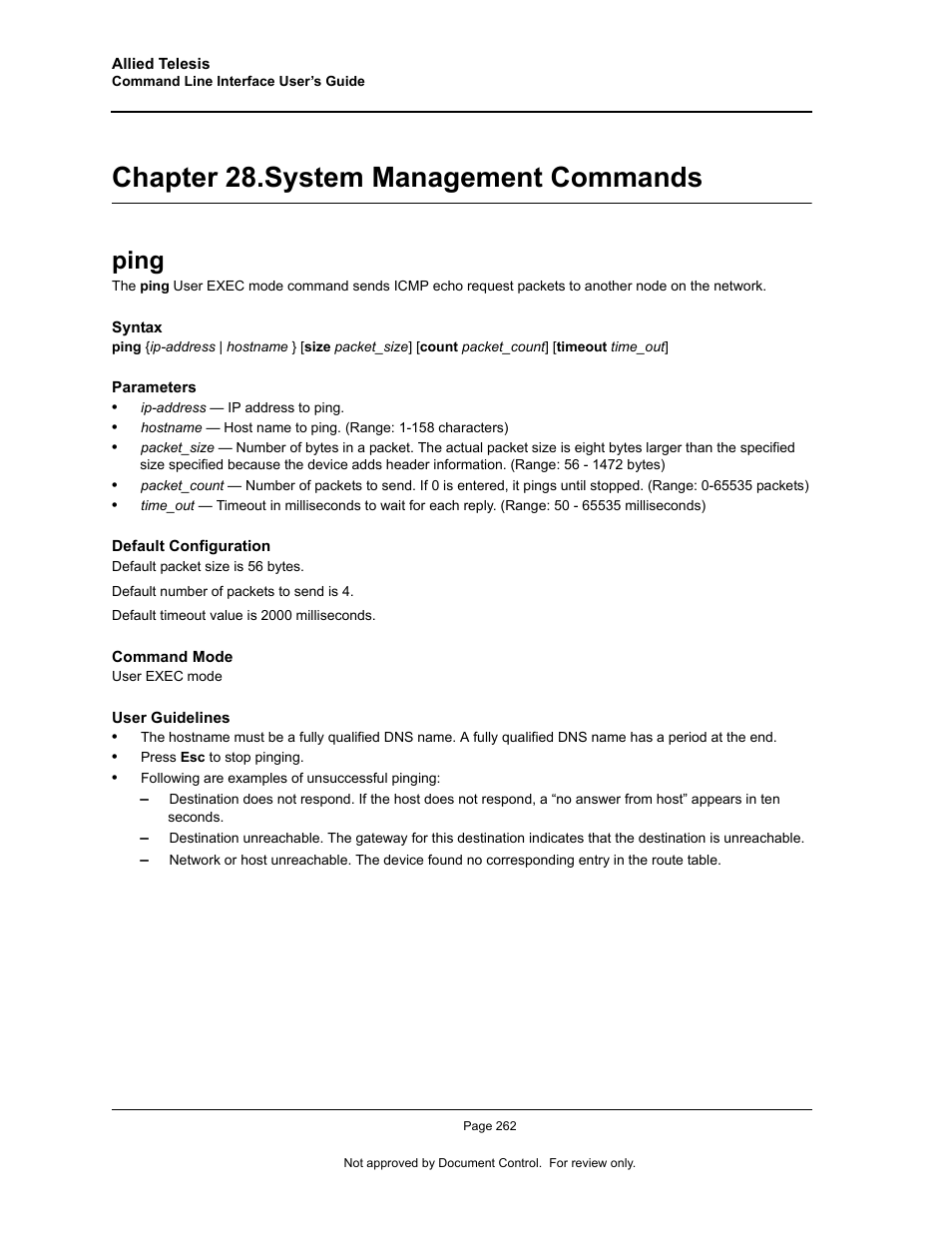 Chapter 28. system management commands, Ping, Chapter 28.system management commands | Chapter 28. "system management commands | Allied Telesis AT-S95 CLI User Manual | Page 274 / 348