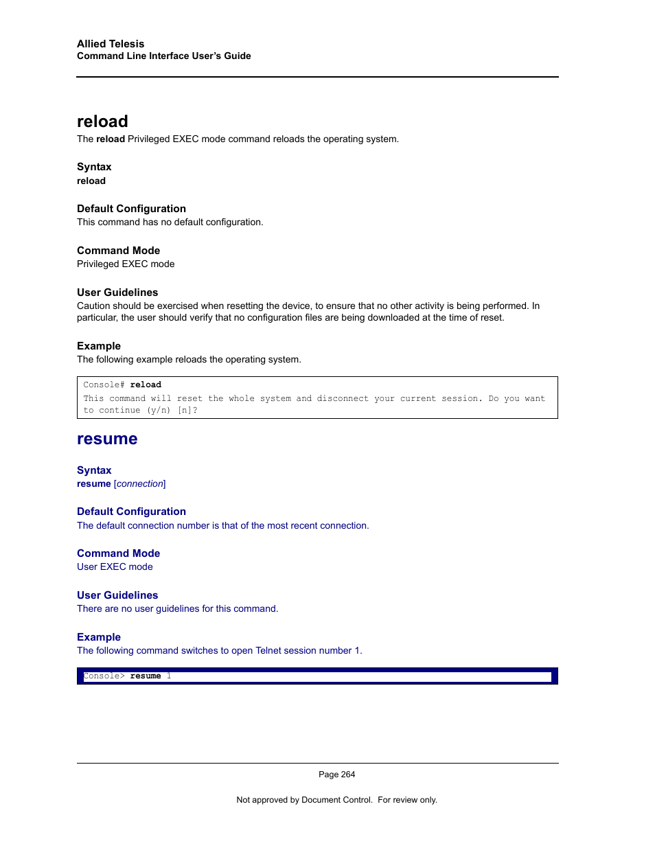 Reload, Resume, Reload resume | Allied Telesis AT-S95 CLI User Manual | Page 276 / 348