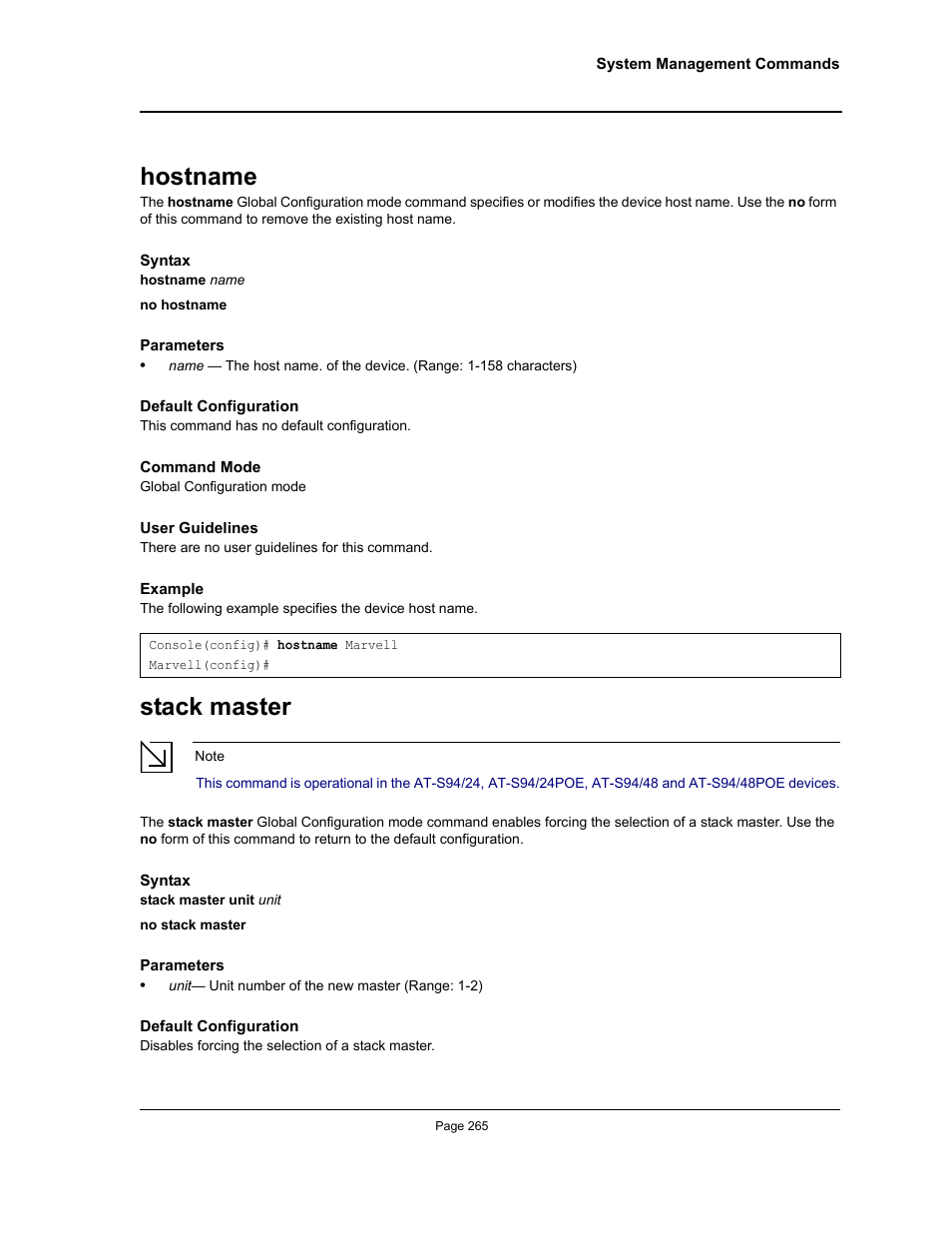 Hostname, Stack master, Hostname stack master | Allied Telesis AT-S95 CLI User Manual | Page 277 / 348