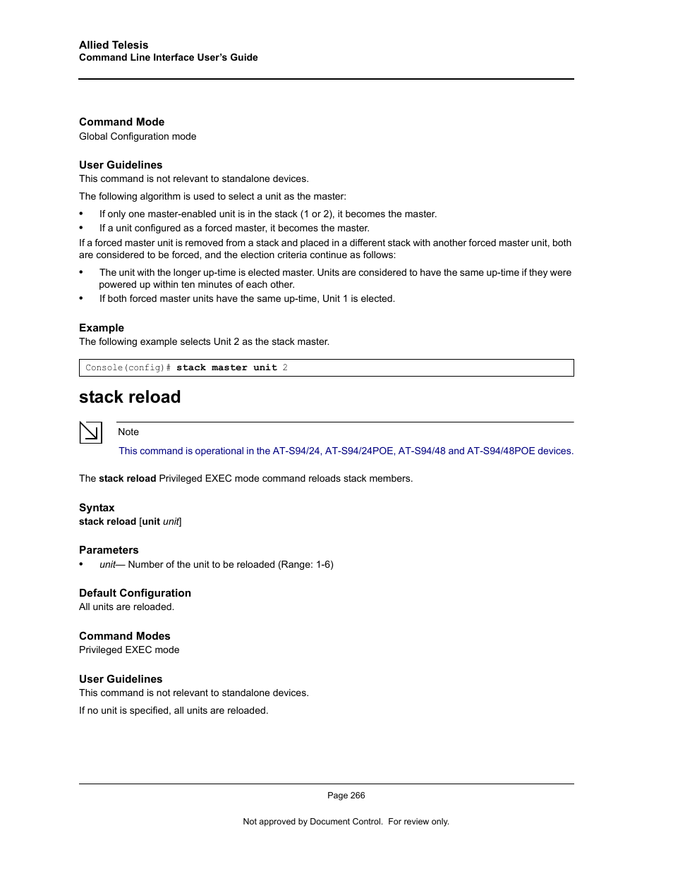 Stack reload | Allied Telesis AT-S95 CLI User Manual | Page 278 / 348