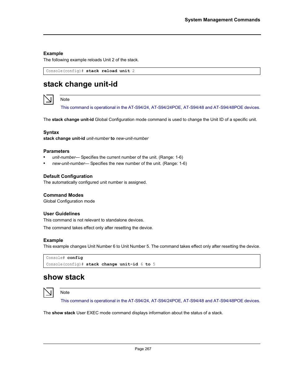 Stack change unit-id, Show stack, Stack change unit-id show stack | Allied Telesis AT-S95 CLI User Manual | Page 279 / 348