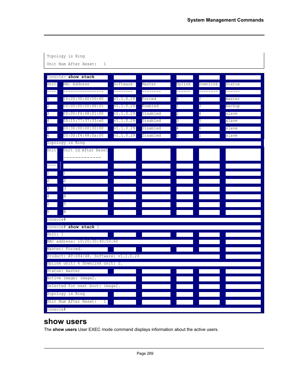 Show users | Allied Telesis AT-S95 CLI User Manual | Page 281 / 348