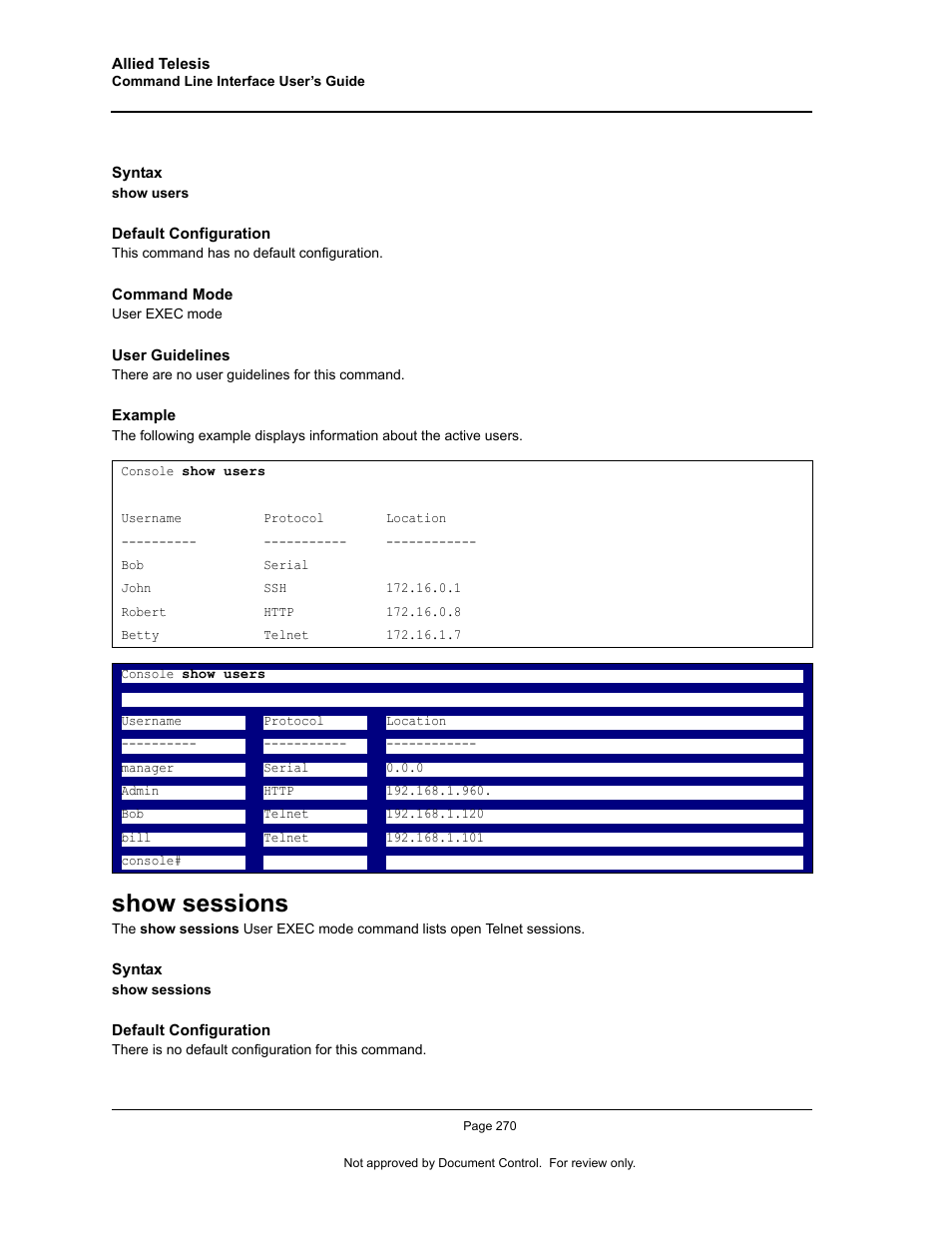 Show sessions | Allied Telesis AT-S95 CLI User Manual | Page 282 / 348