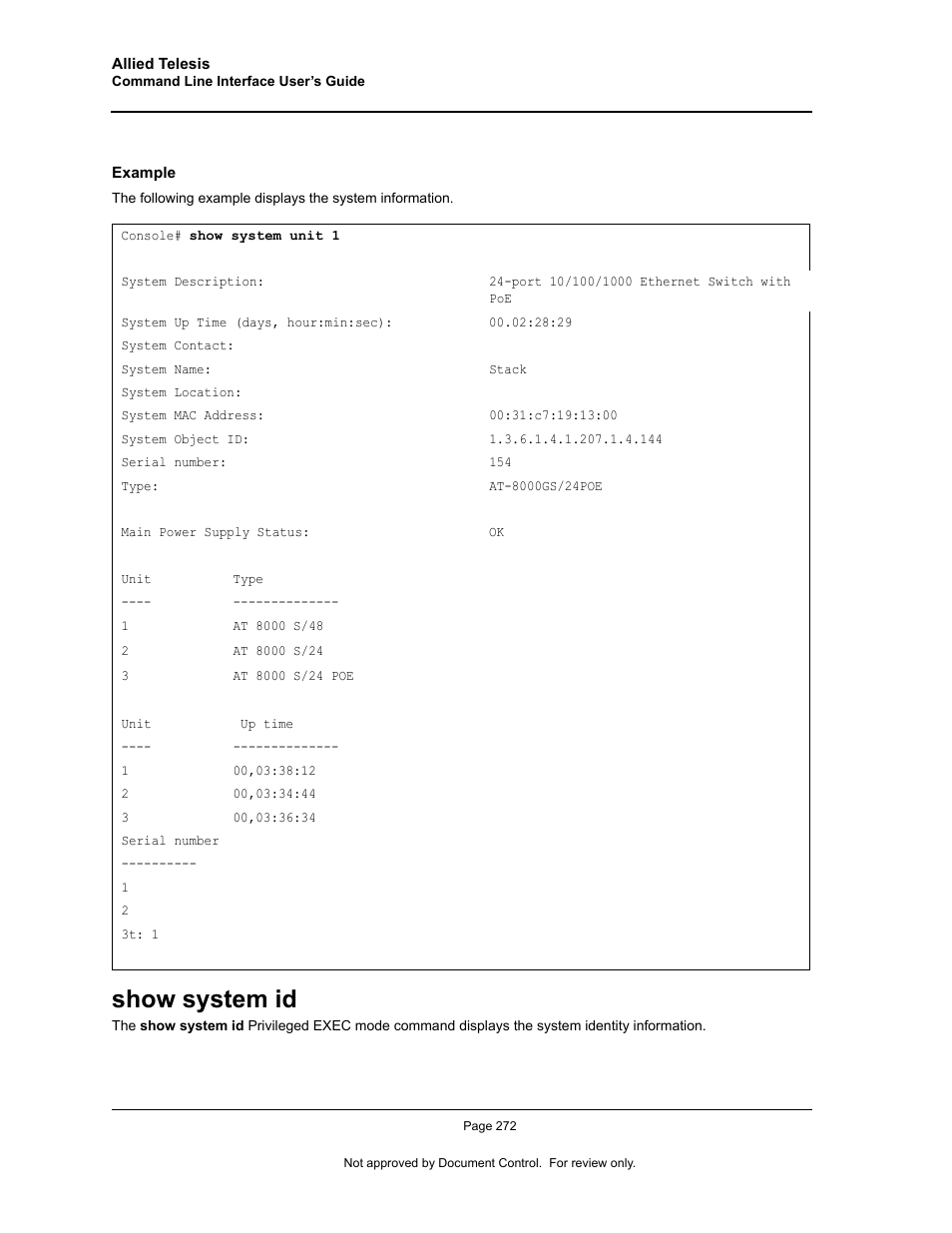Show system id | Allied Telesis AT-S95 CLI User Manual | Page 284 / 348