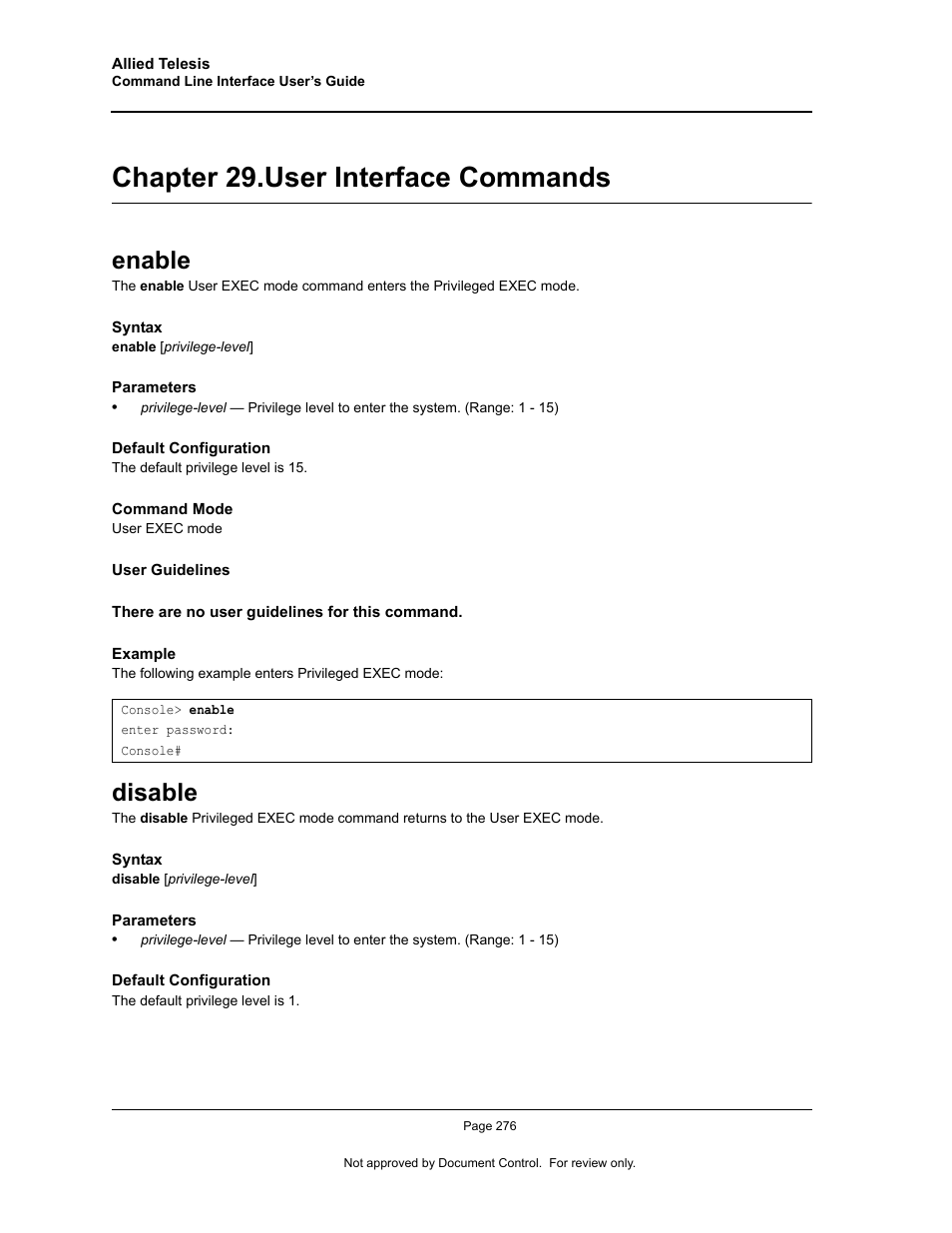 Chapter 29. user interface commands, Enable, Disable | Chapter 29.user interface commands, Enable disable, Chapter 29. "user interface commands | Allied Telesis AT-S95 CLI User Manual | Page 288 / 348